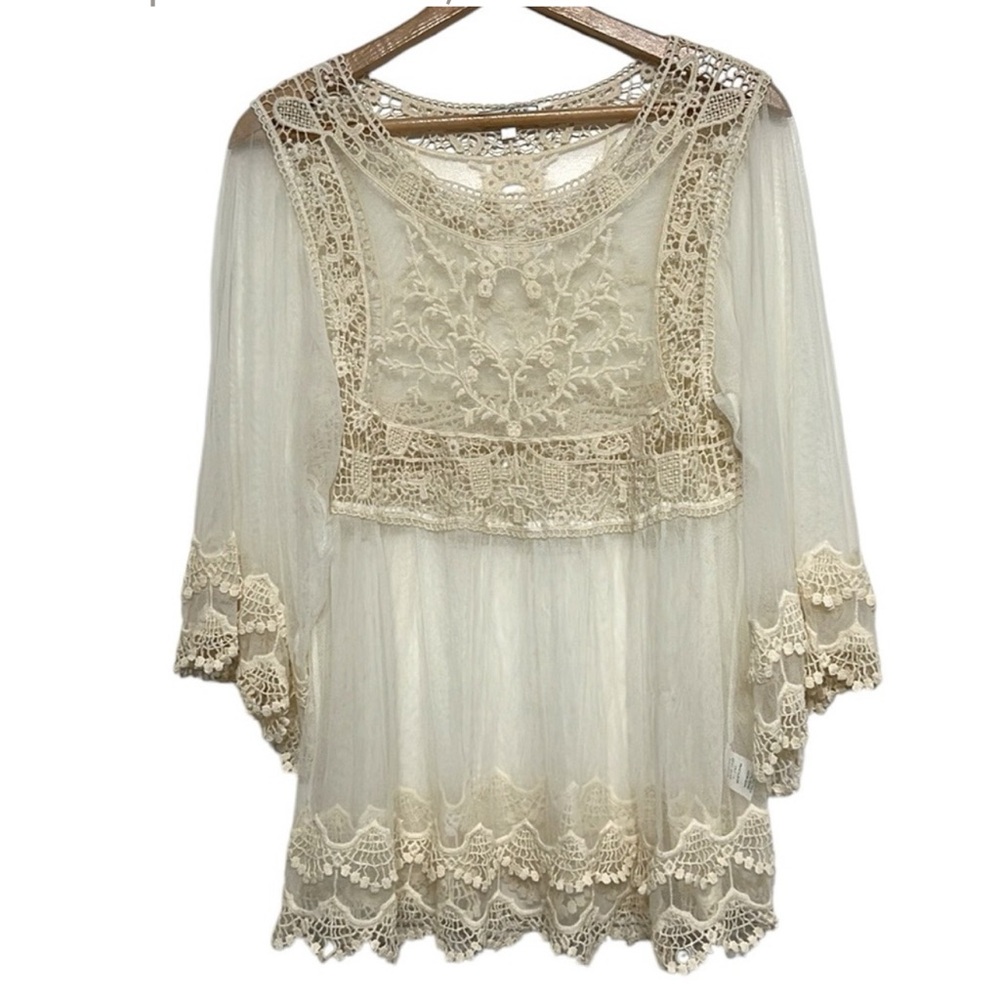 Boho Profile Lace Sheer Crochet Tunic Blouse CreamTop Size S
